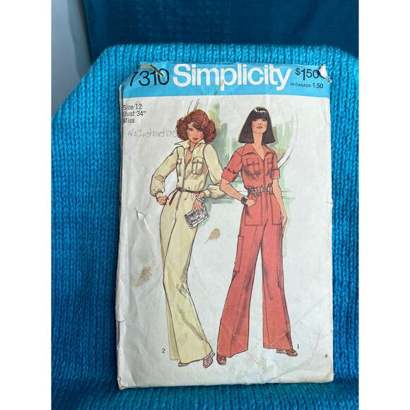 Simplicity 7310 Sewing pattern jumpsuit pockets 1970s size 12 - Picture 1 of 5